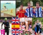 Erkekler triatlon podyum, Alistair Brownlee (İngiltere), Javier Gómez Noya (İspanya) ve Jonathan Brownlee (İngiltere), Londra 2012